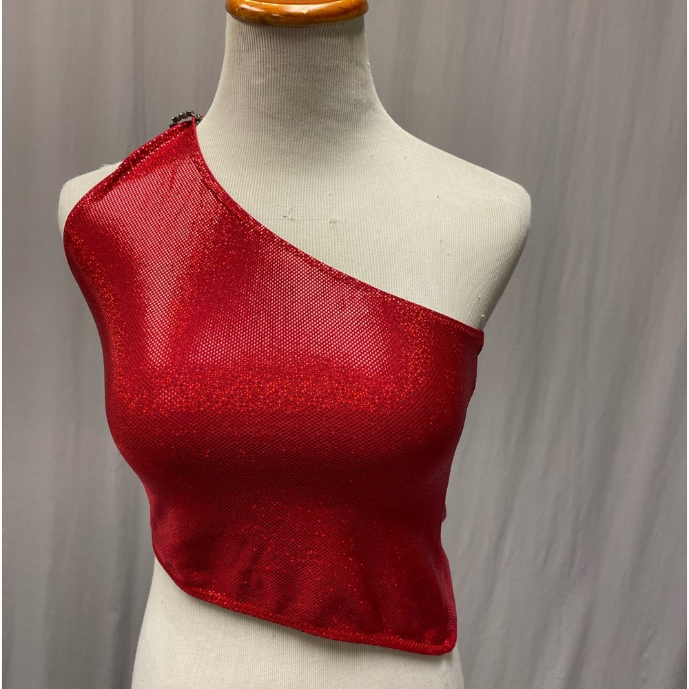 One shoulder dance top red shiny rhinestone at shoulder